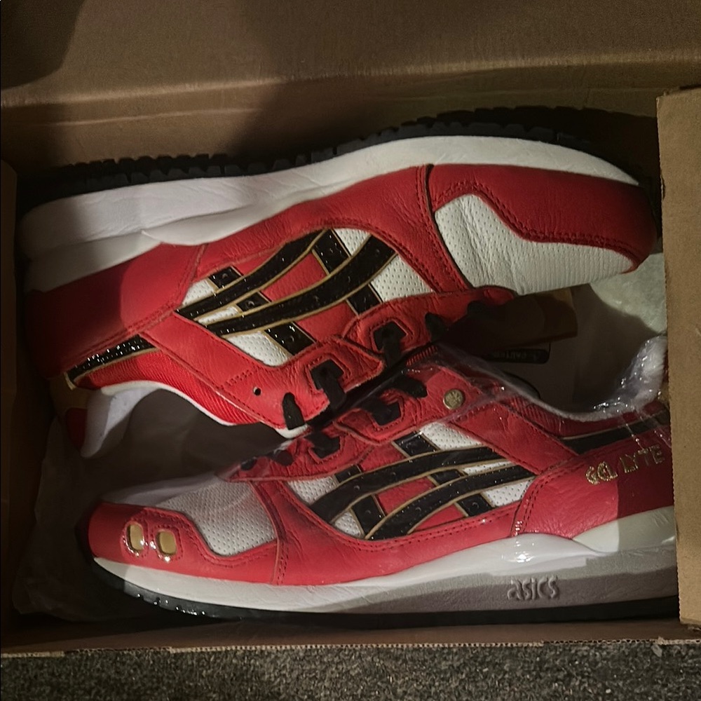 Asics Red and White Gel-Lyte Shoes with Gold Accents